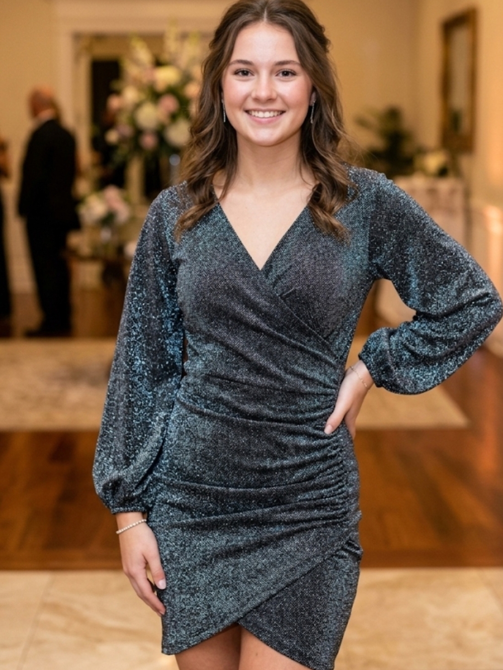 & Other Stories Metallic Charcoal Wrap Midi Dress
